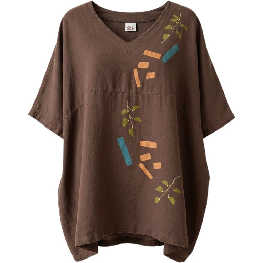 Odile Womens Large Brown 100% Linen Artistic PaintedTunic Top Boho Relaxed